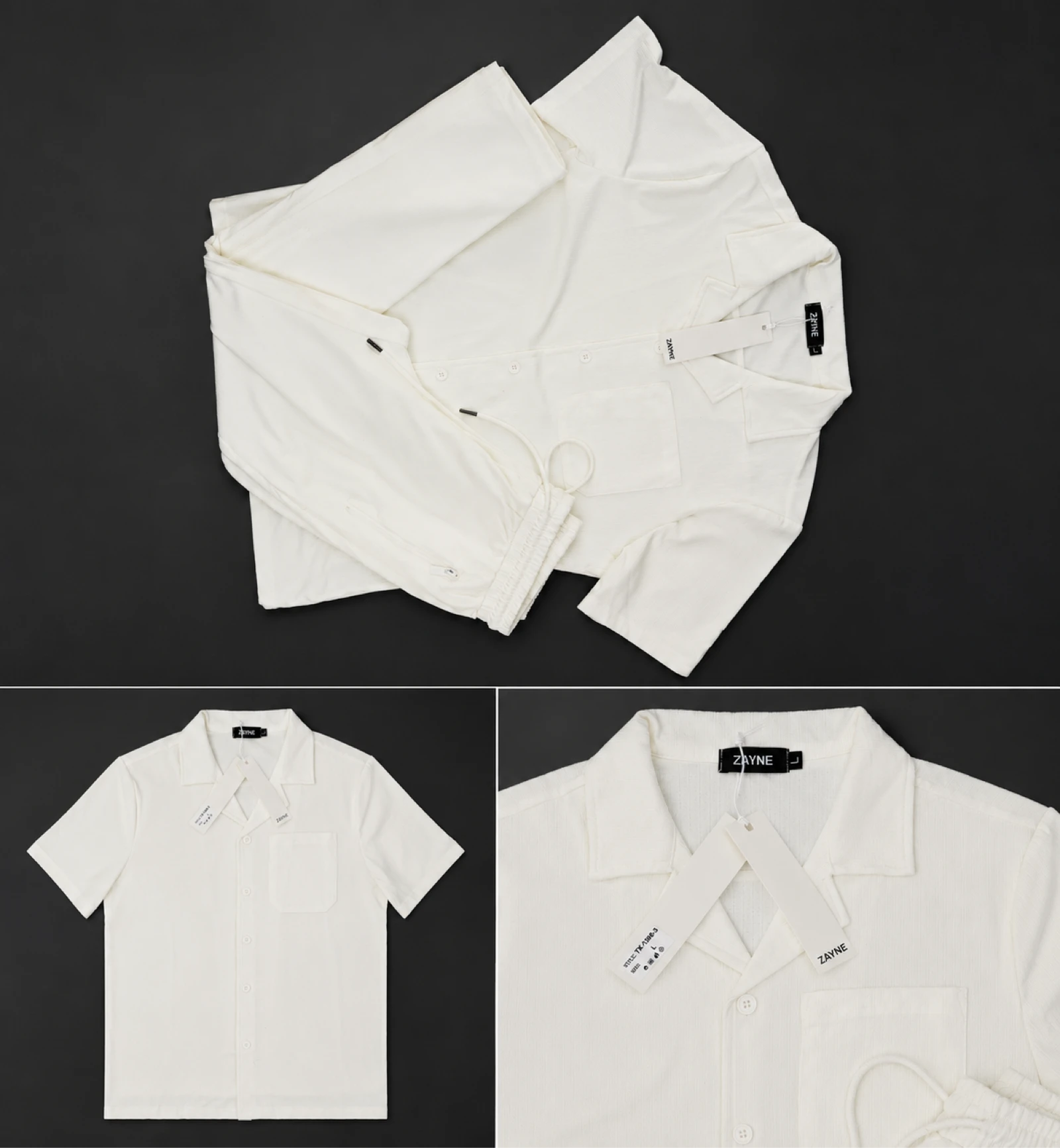 Men’s Premium Textured Camp Collar Shirt & Pants Set – Whit – photo 3